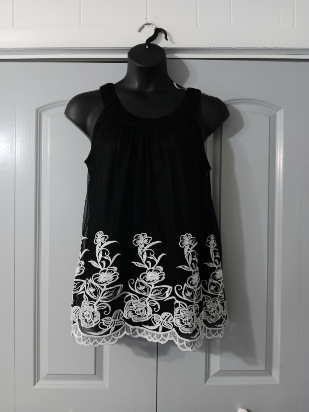 Alfani Black Sleeveless Blouse with White Floral Embroidered Hem